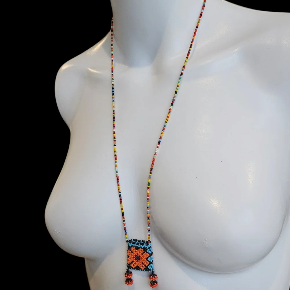 NWT - Colorful Handmade Beaded Necklace with Floral Medicine Pouch